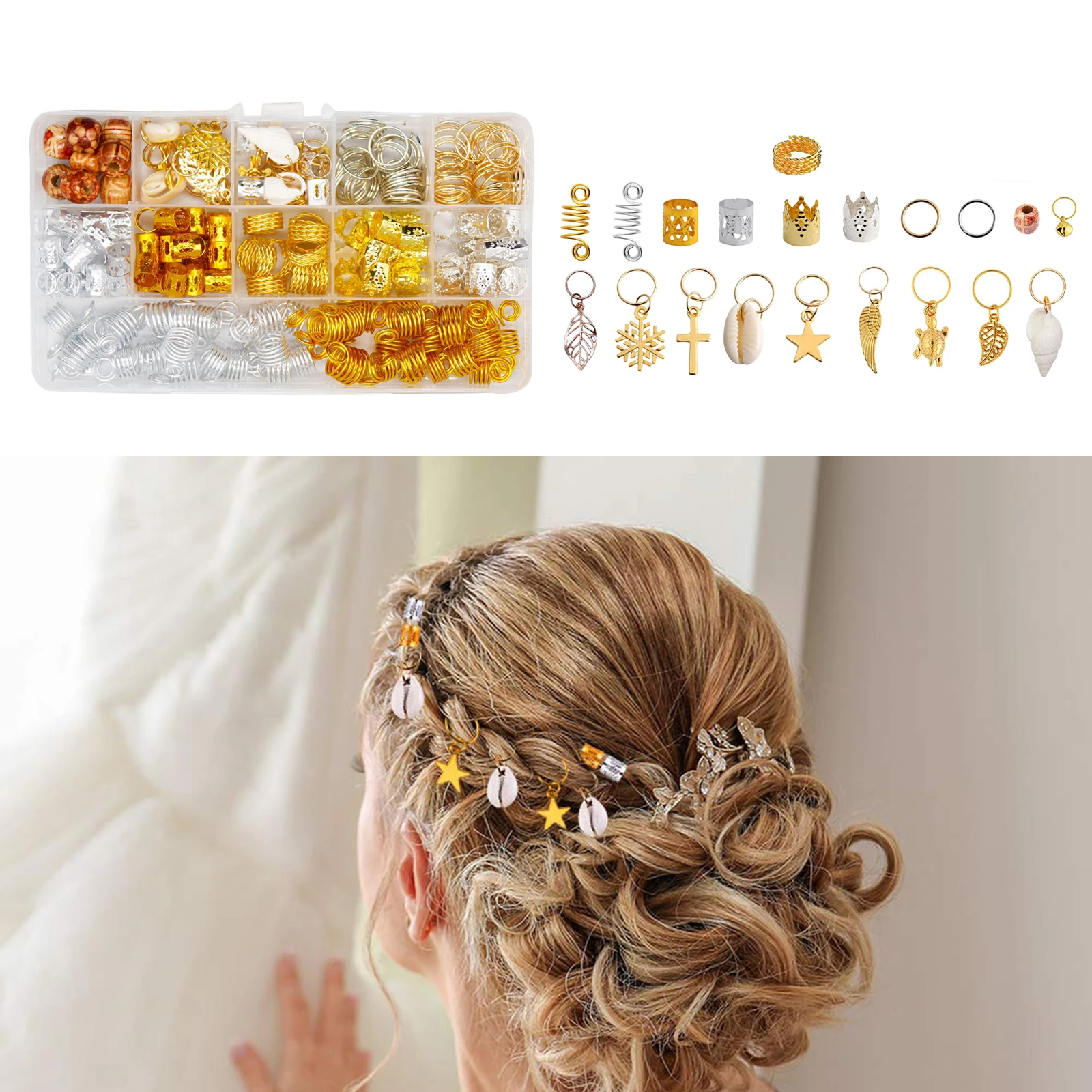 238x Hair Coil with Box Durable Hair Braid Rings Leaves Star Pendant Cuffs Jewelry Headband Dreadlock Wedding