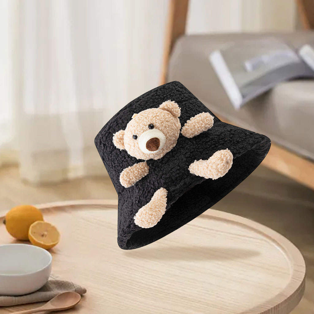Winter Warm Bucket Hat 3D Stuffed Wide Brim Teddy Bear Fisherman Caps for Teens Children