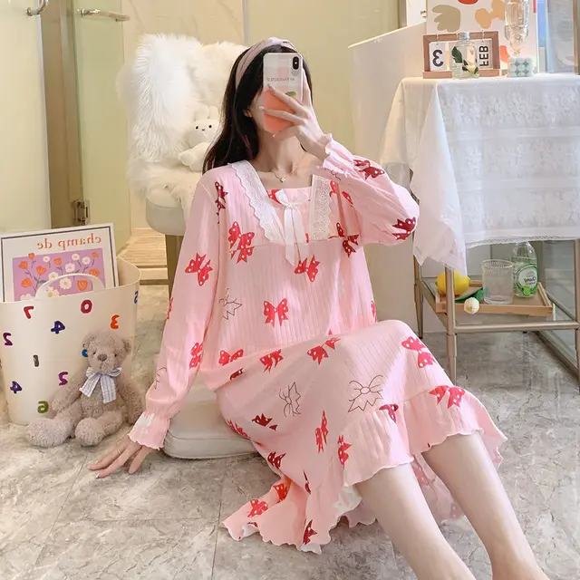 Women Flannel Nightgowns Long Sleeve Cute Bow Candy Colors Sleepshirts  Sweet Student Princess Sleepwear Autumn Winter