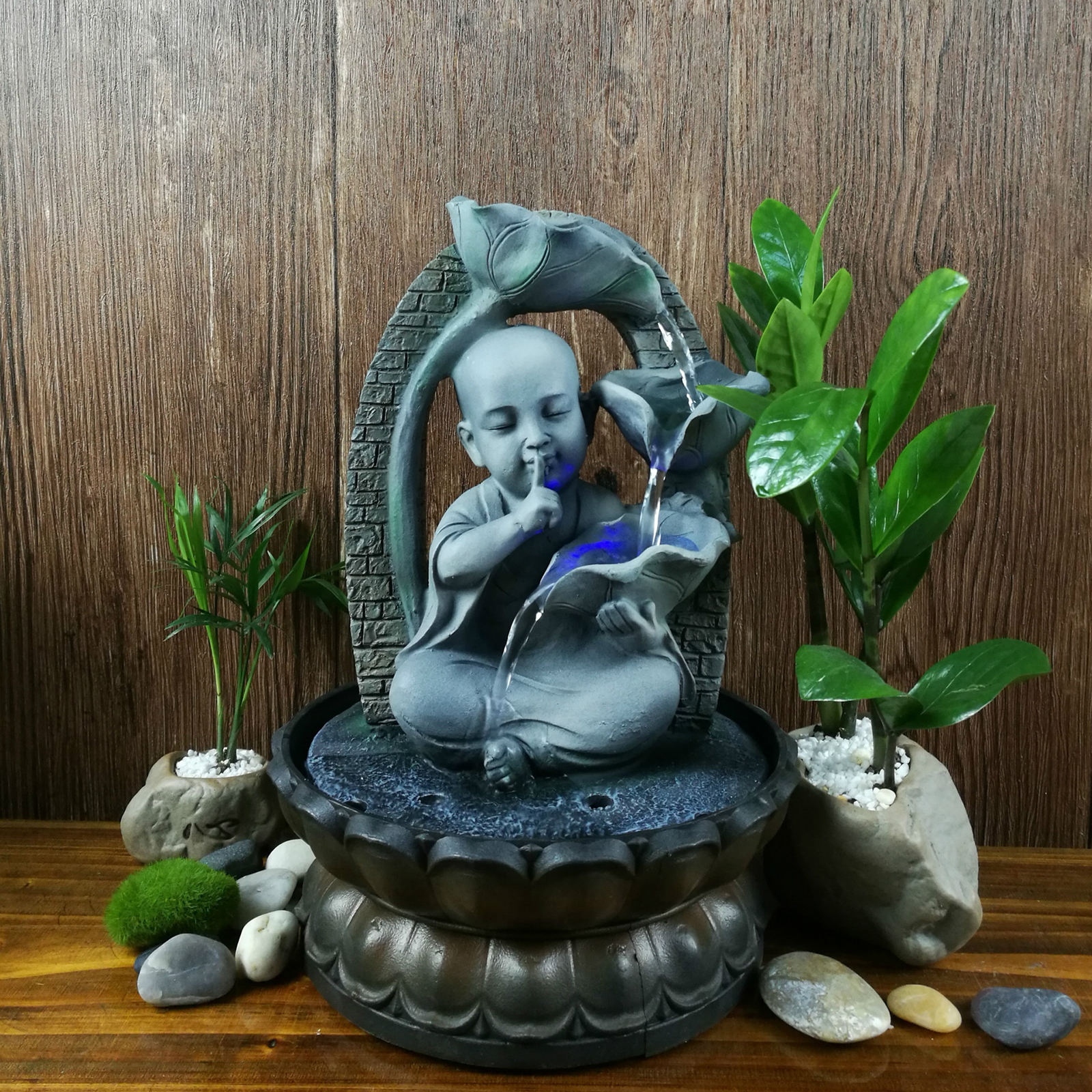 Resin Water Fountain Decoration Small Monk Waterfall View Peaceful Lifelike for Home Office Art Sculpture Decor Indoor Fountain