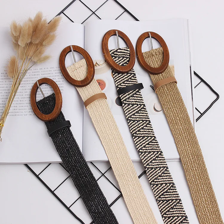 New designer good wooden buckle elastic grass woven belt for ladies holiday wind seaside bohemian ethnic elastic woven belt elastic belt womens