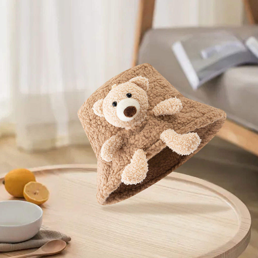 Winter Warm Bucket Hat 3D Stuffed Wide Brim Teddy Bear Fisherman Caps for Teens Children