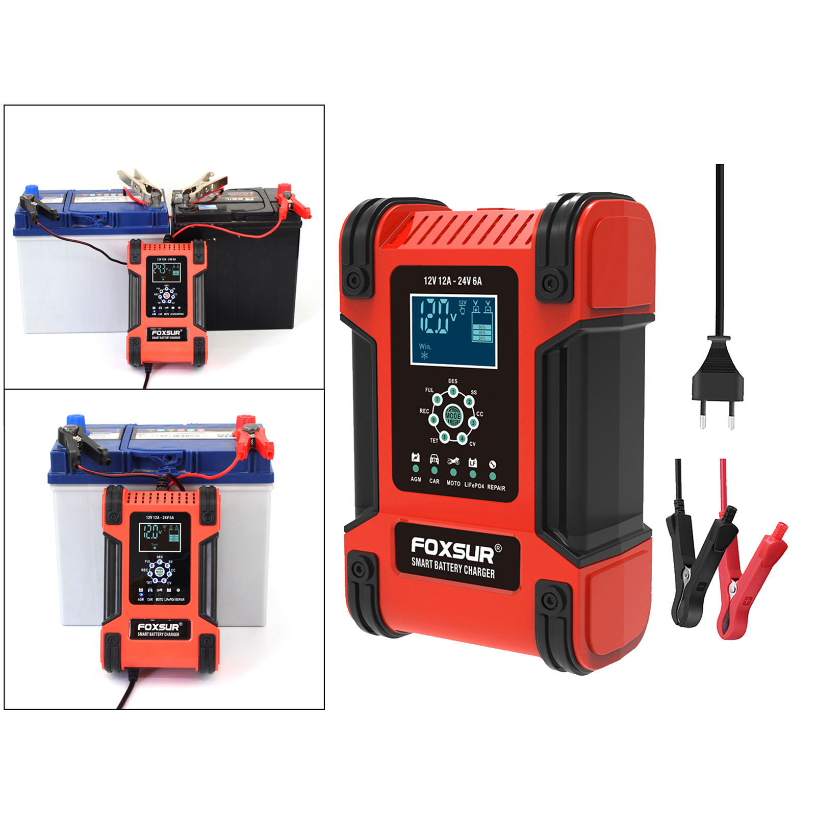 Car Battery Charger 12V 12A 24V 6A Power Automatic Charge Charging EU Plug