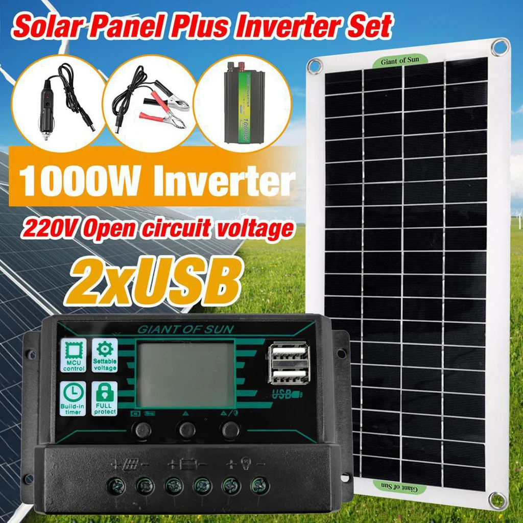 220V Solar Power System 30W Solar Panel Battery Charger 1000W Inverter USB Kit Complete Controller Home Grid Camp Phone