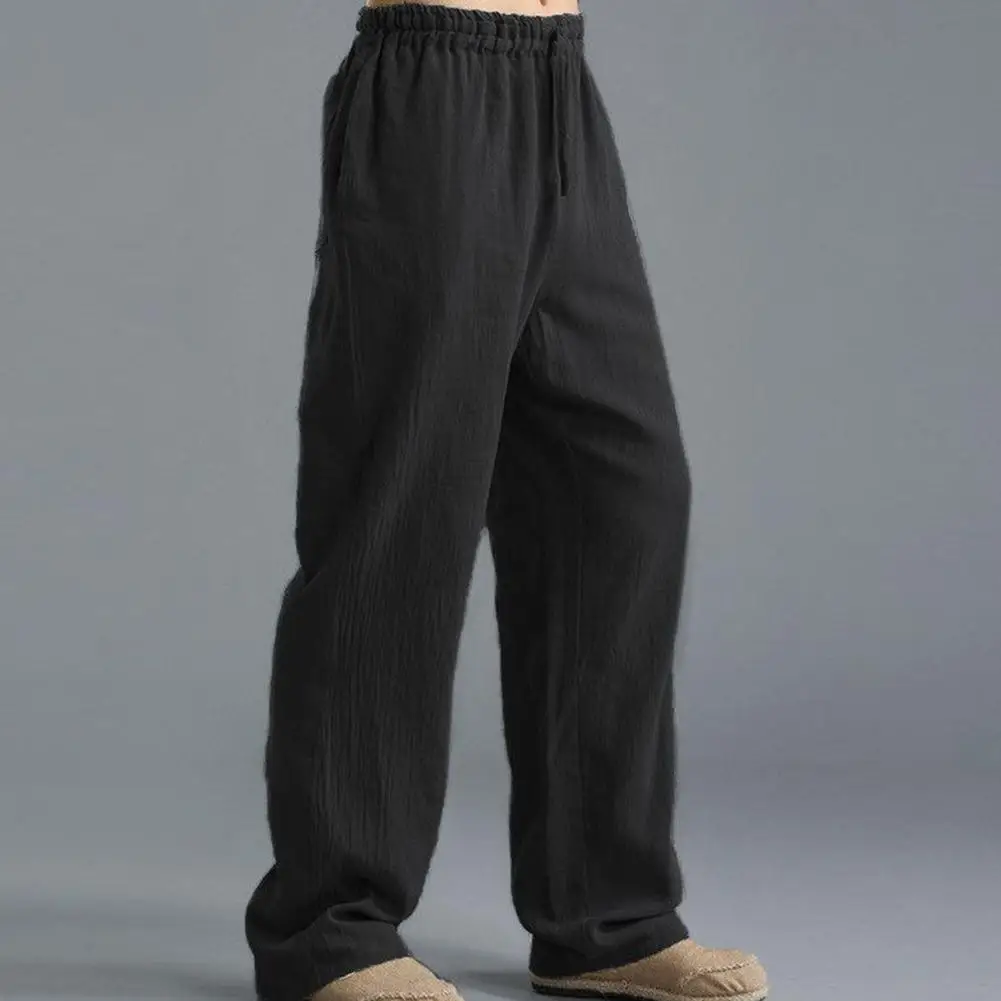 Plus Size Men Cotton Linen Long Pants Elastic Waist Loose Straight Trousers black harem trousers