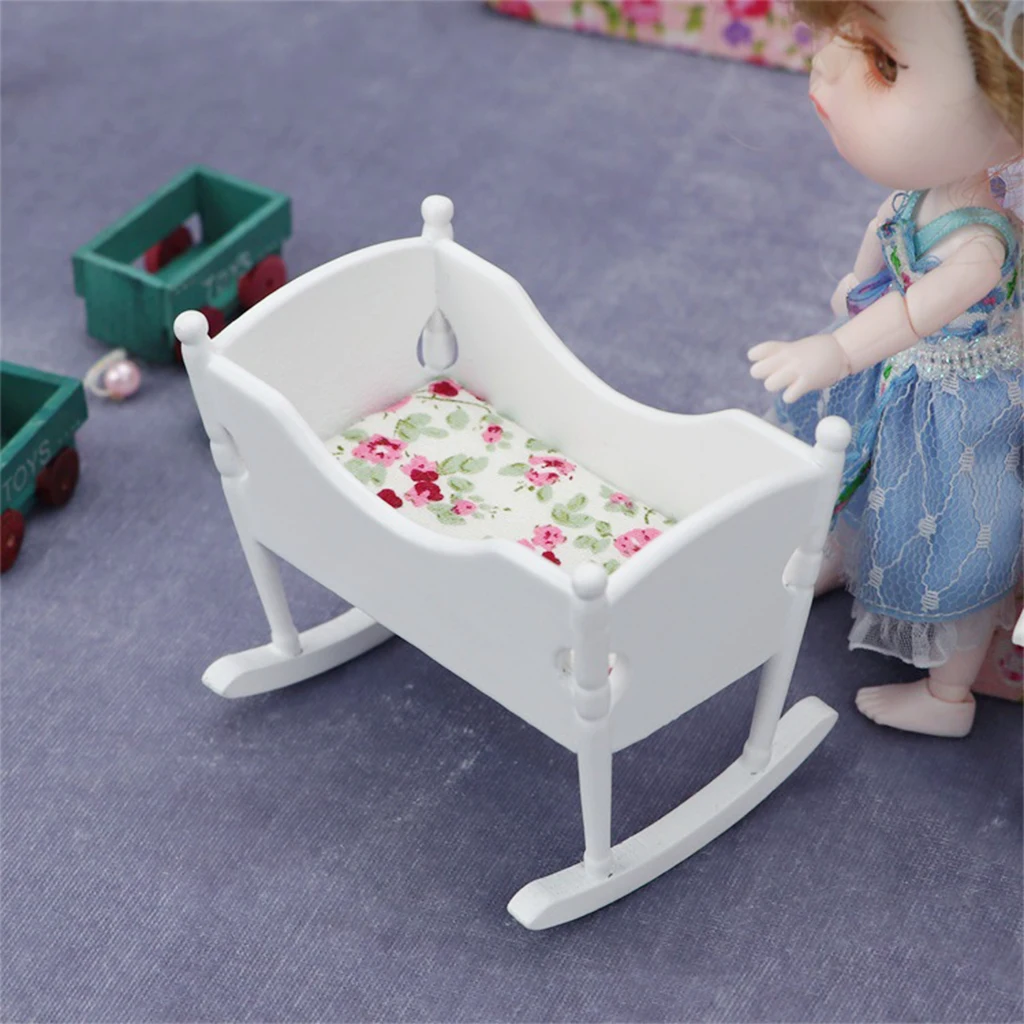1/12 Dollhouse Bassinet White Wooden Cradle Simulation Model Living Room Furniture Supplies Scenery Decoration