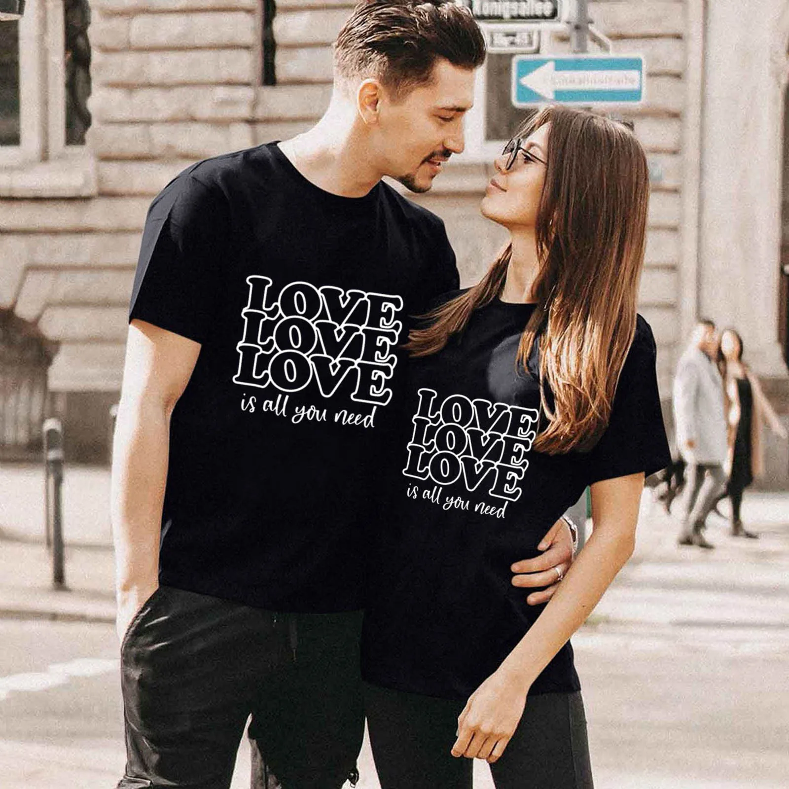 ESKNAS Men Pullover Love Letter Print Jumpers Couples Lovers Valentines Day T-Shirts Short Sleeve Sweatshirts 