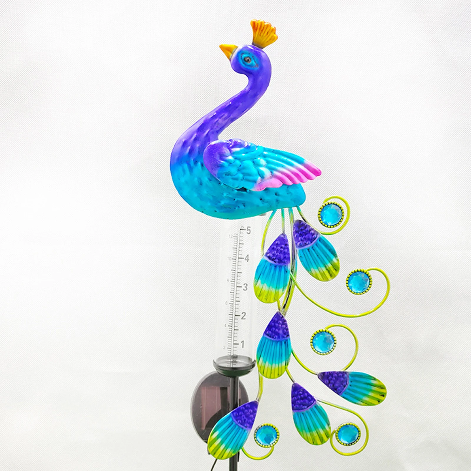 Solar Powered Rain Gauge Outdoor, Metal Beautiful Peacock Design Stake for