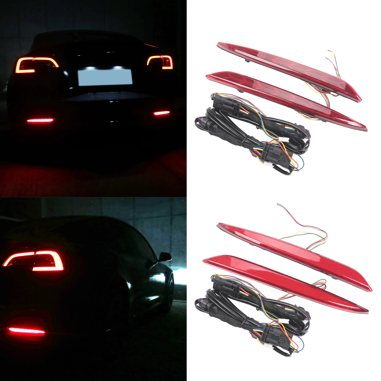 2Pcs Rear Fog Bar Light LED Rear Bumper Turn Signal Brake Light Compatible for Tesla Model 3 2016-2021 Trim Frame Red