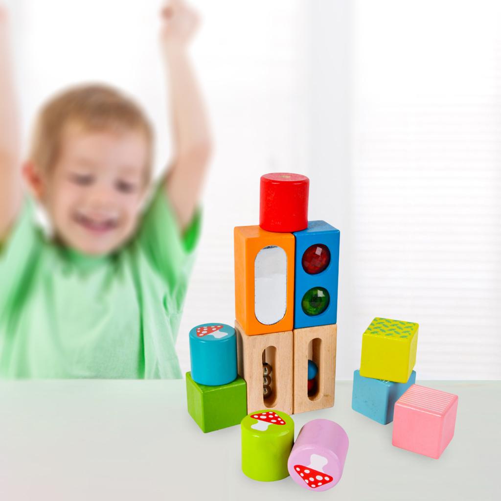 12 Pieces Wooden Stacking Blocks Sound Toys Color Cognition Brain Teasers Hand-Eye Coordination Building Blocks for Children