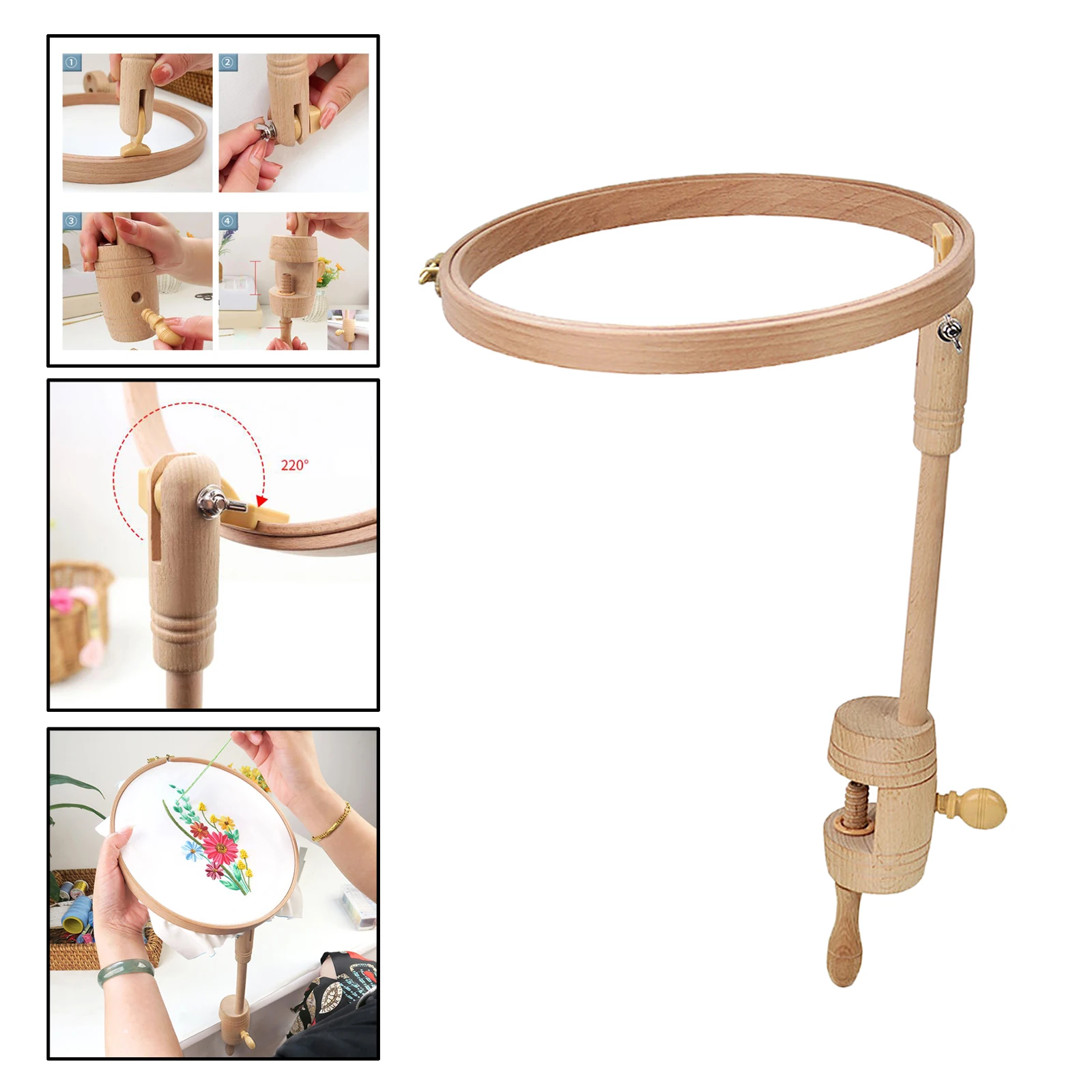 Embroidery Stand Natural Beech Wooden Adjustable Cross Stitch Lap Hoop Holder for Gift