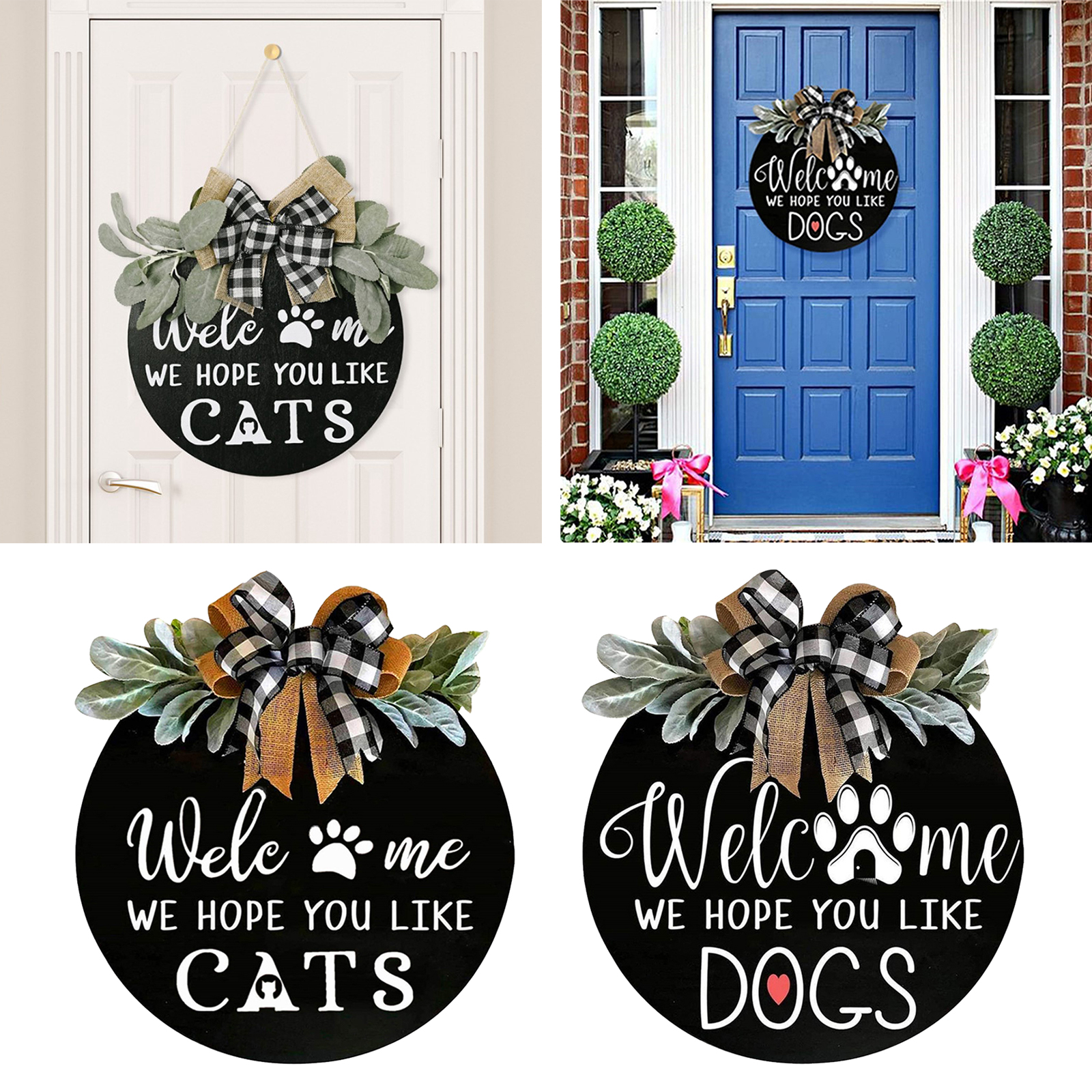 Welcome Sign for Front Door,16In Front Door Decors -We Hope You Like Dogs/Cats Wooden Porch Decor for Farmhouse w/ Green Leaves