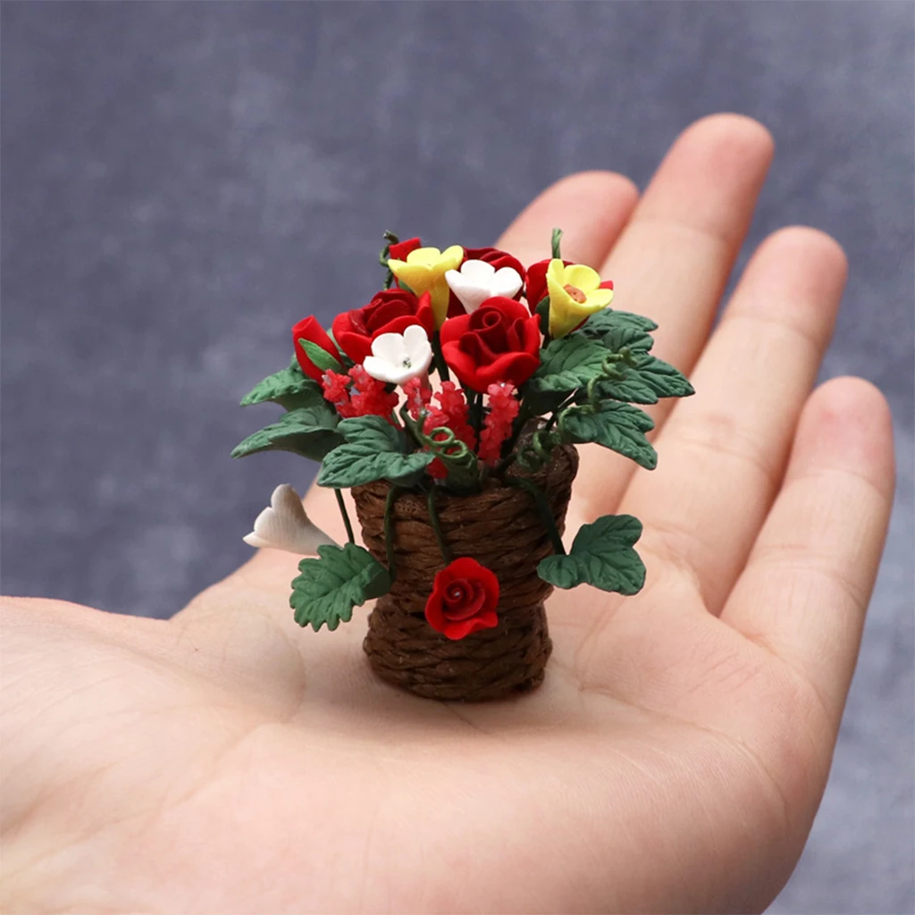 1/12 Scale Dollhouse Red Rose Flower Model Bonsai Artificial Decoration