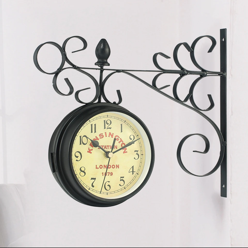 quartz wall clock Vintage Art Design Double Sided Wall Clock Metal Train Station Style Round Clock Brackets Wall Side Mount for Garden Home Living skeleton clock
