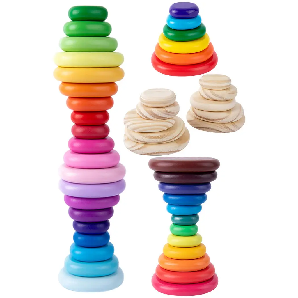 Rainbow Stacking Blocks Balancing Stone Early Educational Building Tower Toy Fine Motor Skill Wooden for Boy and Girl Montessori