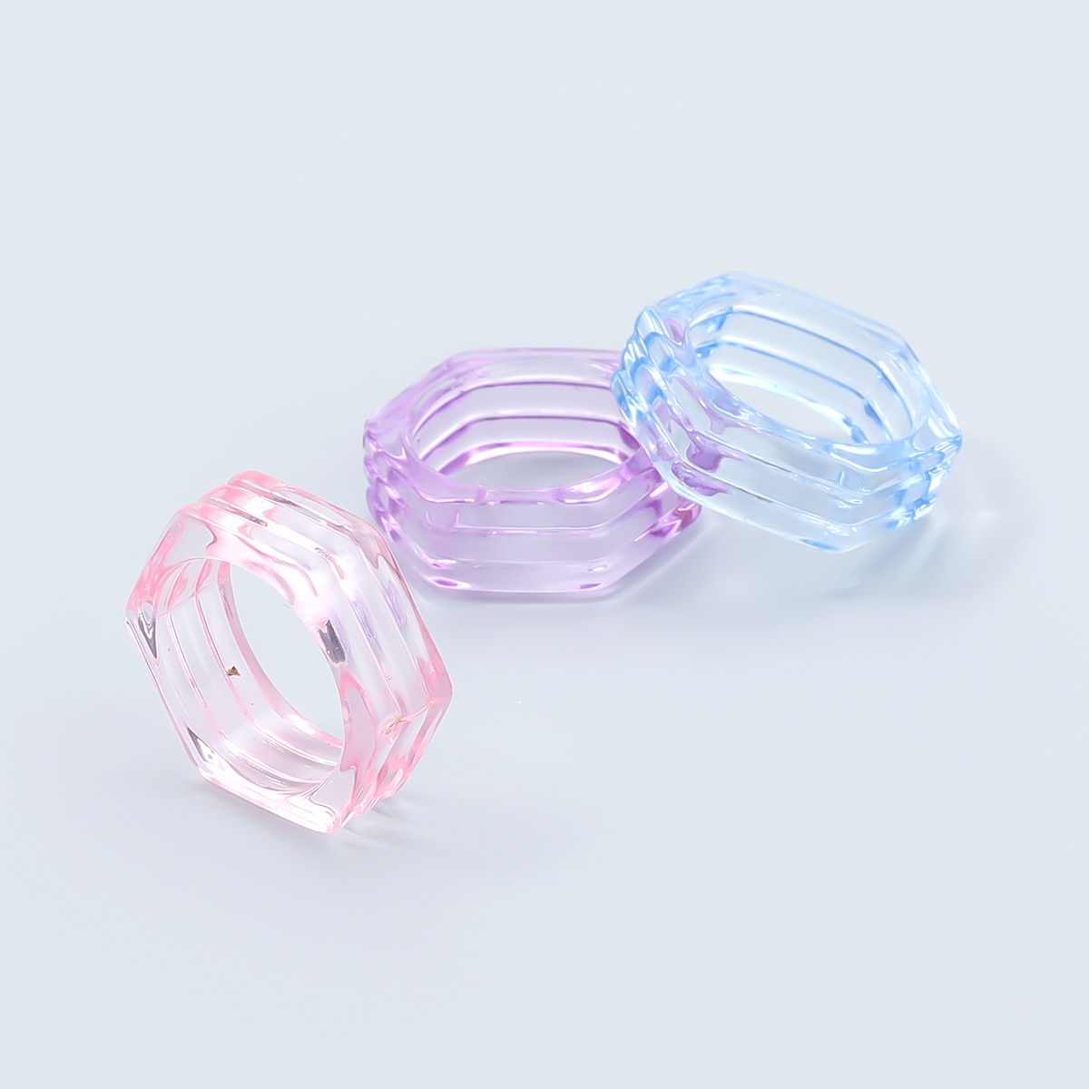 Fashion Candy Color Hexagon Transparent Resin Ring Couple Popular Hip-hop Ring Campus Party Accessories