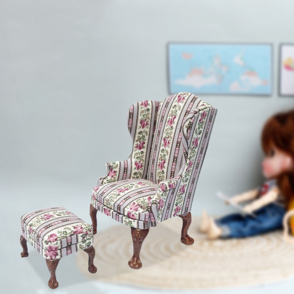 5 Dollhouse Sofa 1/12 Scale Furnish Floral Pattern Wooden Armchair Low Stool