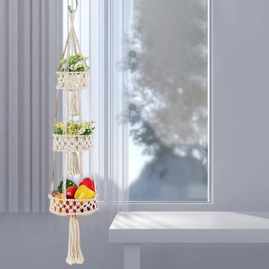 3 Tier Macrame Hanging Basket for Fruit and Vegetable Storage Kitchen Wall Baskets for Organizing Boho Decor for Plants