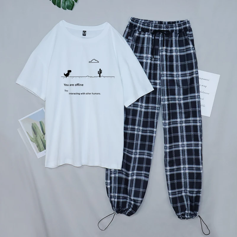 Sweat Pants Set for Women Track Suit Plaid Pants Women Wide Leg Loose Casual Outfits for Girls Dinosaur Harajuku Style T-shirts jogging suits women
