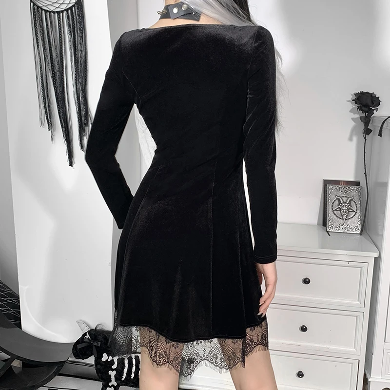 Mall Goth Vintage Black Mini Dress E-girl Aesthetic Elegant Cross Pendant High Waist Long Sleeve Party Dresses Women Streetwear