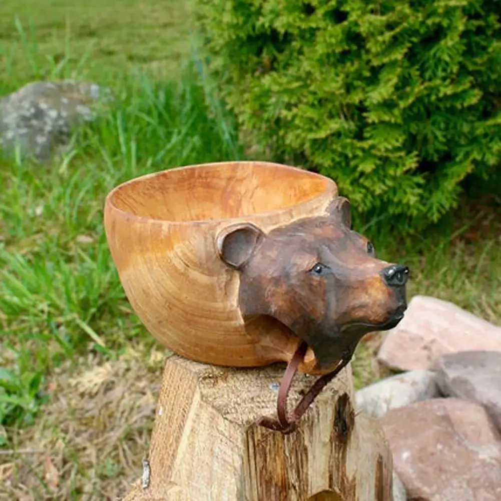 caneca de água delicada mão esculpida copo de madeira raposa crafted estilo nórdico acampamento de madeira caneca animais cabeça imagem copo de leite para casa