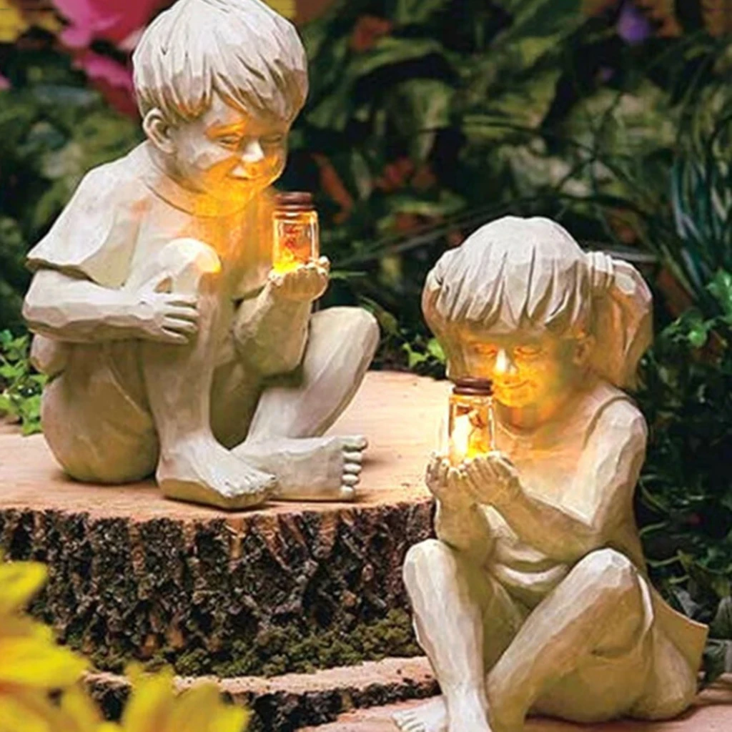 Resin Garden Kids Statues w/ Lighted Jar Figure Desktop Ornament Decor