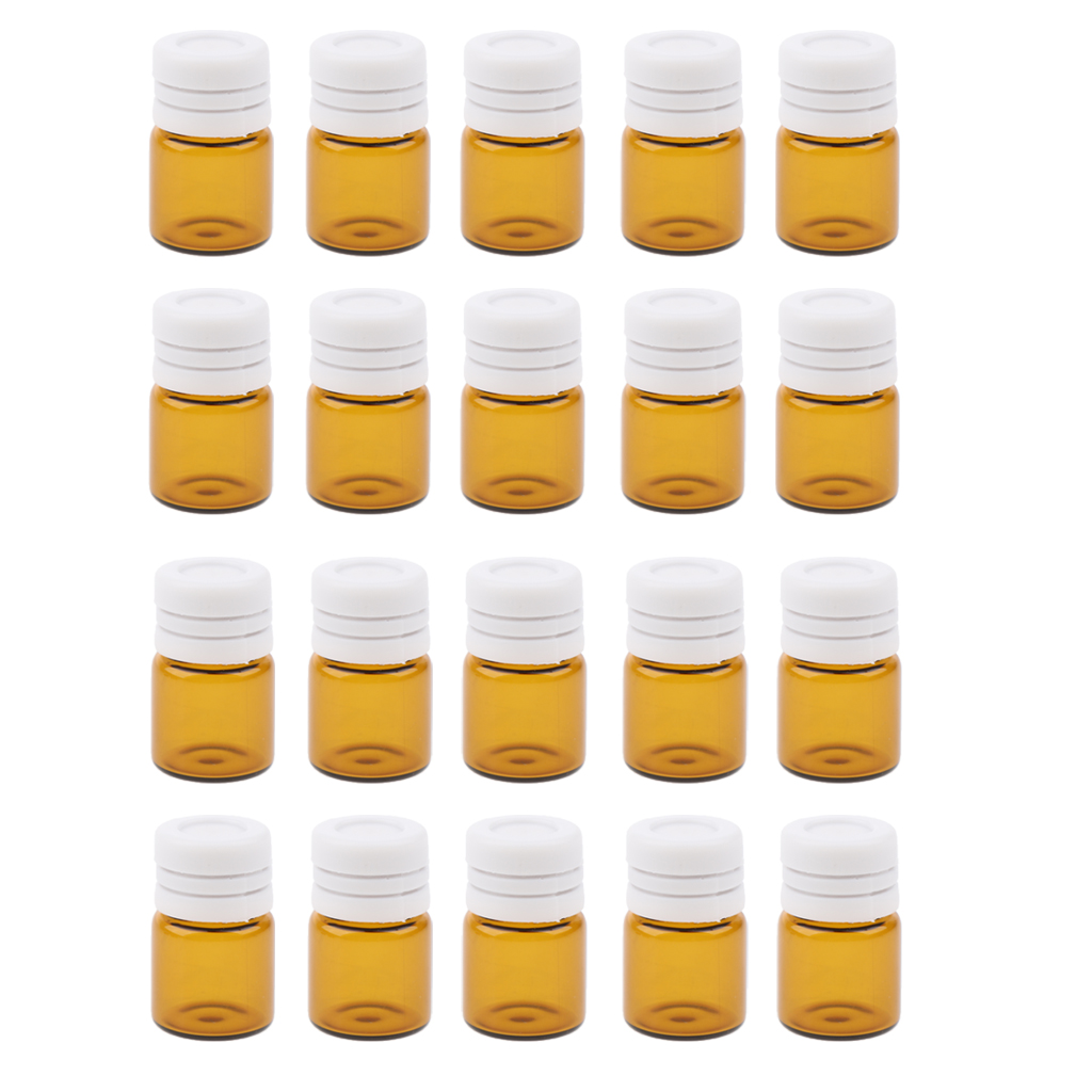 20 Pcs Portable Amber Mini Glass Bottles Sample Vial Small Essential Oil Bottles Travel Must Refillable 1ml/2ml