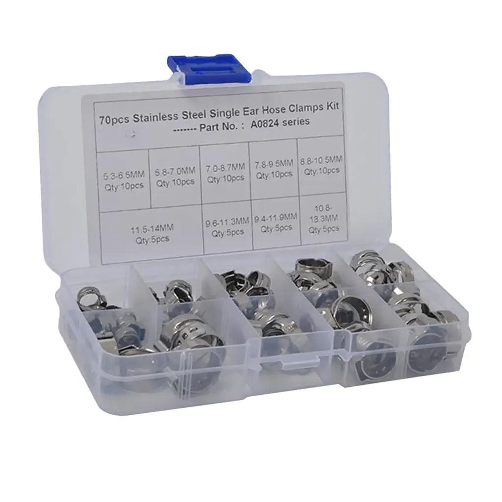 70 Pieces 5.3-14.0mm Anti-Corrosion Single Ear Plus Fuel Air Hydraulic Hose Clamps Pipe O-Clips 304 Stainless Steel