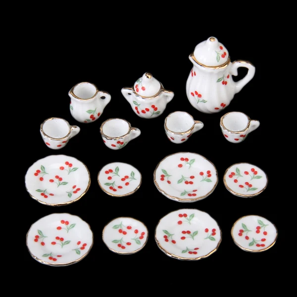15Pcs 1/12 Scale Dollhouse Miniature Red Cherry Dining Ware Porcelain Tea Set Dish Cup Plate Kids Pretend Play Toys