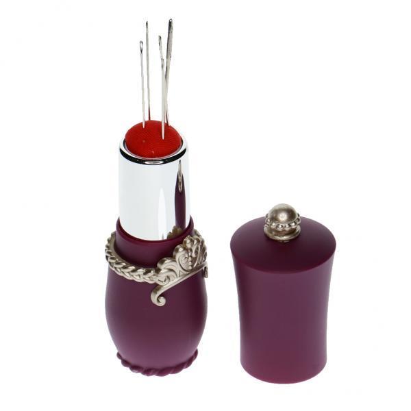 2xLipstick Shaped Needles Pin Cushion Holder with 5pcs Sewing Needles Purple