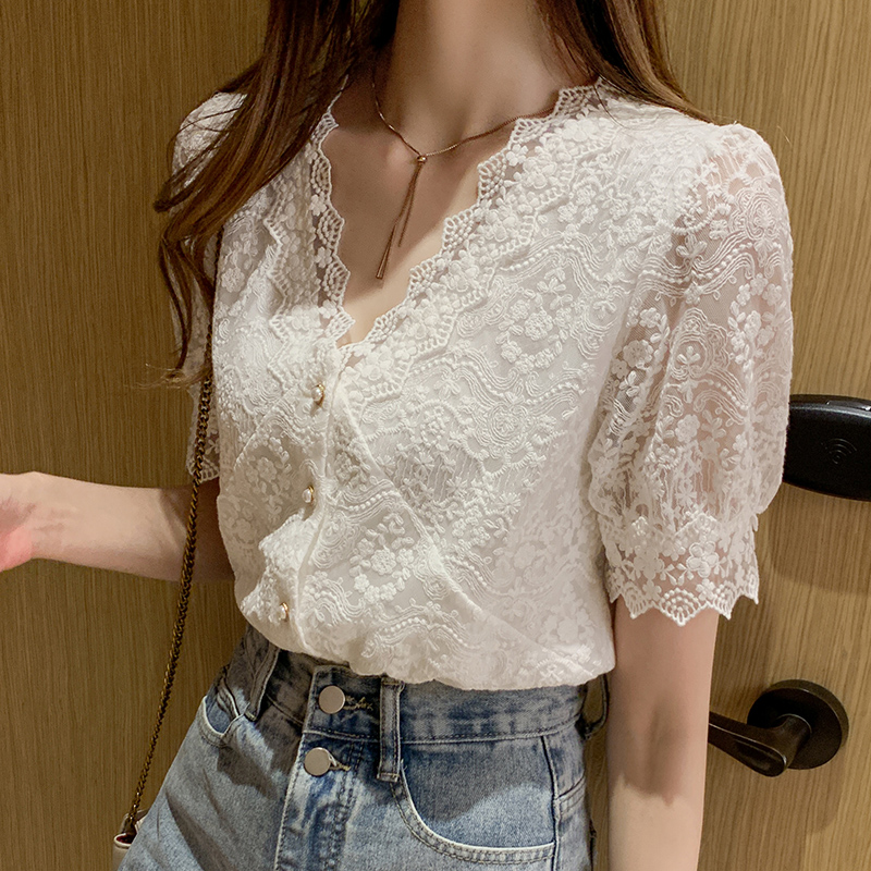 verão mulheres tops blusa coreano decote em novas camisas de renda costura mulheres de manga curta rendas oco top feminino blusa