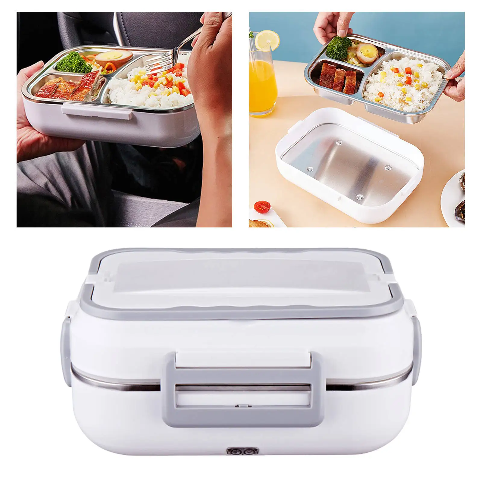 Stainless Steel Dual Use Electric Lunch Box 2 in 1 Heated Container With Cutlery Box Phone Holder Easy to Clean US Adpater
