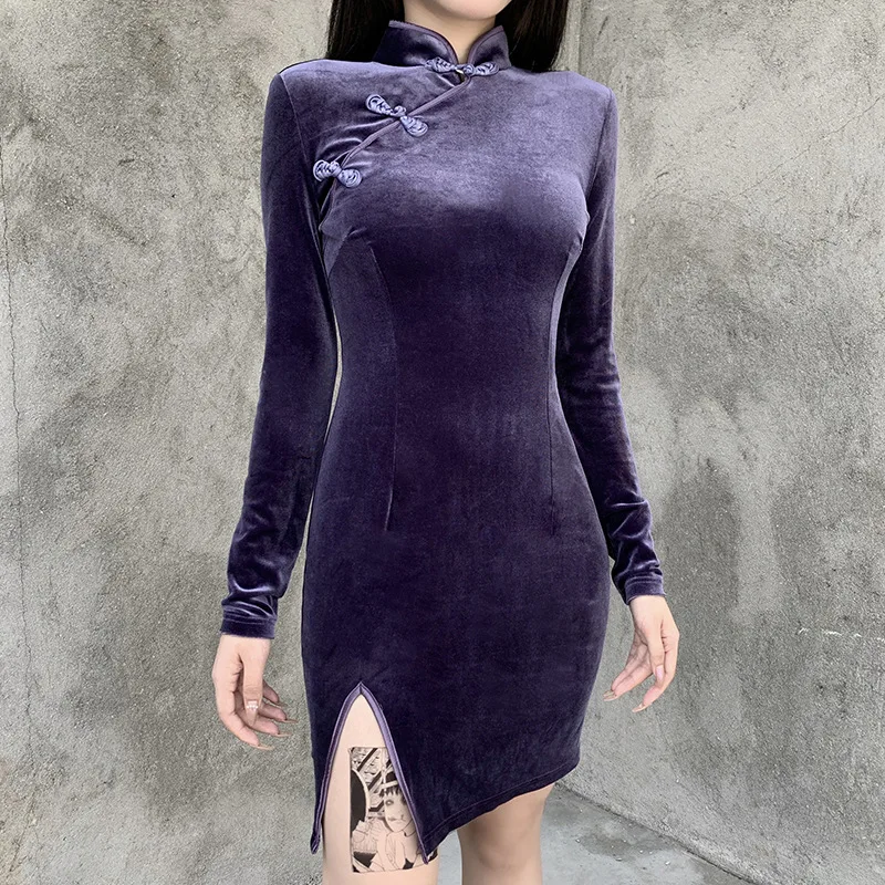 Chinese Style Velvet Cheongsam Dress Stand Collar Long Sleeve Skinny Split Mini Dress Qipao Women Fairycore Grunge Gothic Cloth