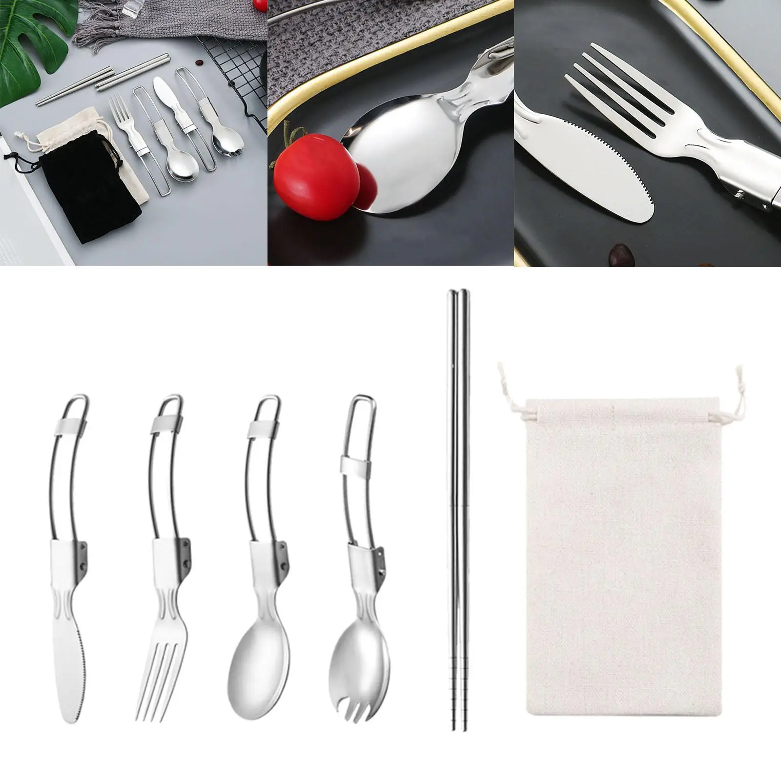 5Pcs/Set Outdoor Tablewares Kit Spork Fork Knives Chopsticks Camping Cutlery Travel Flatware for Camping BBQ Picnic