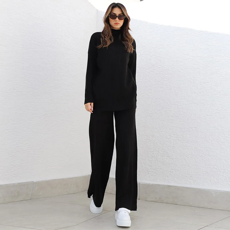 Fashion 2022 Spring 2 Pieces Women Sets Knitted Sweater Tracksuit Pullovers Wide Leg Pants Suits Black White Streetwear Outfits short suit set