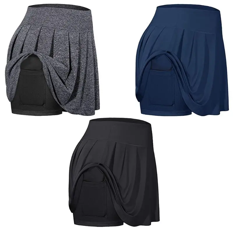 Women Sport Pleated Golf Skort High Waist 2-In-1 Tennis Skirt with Shorts Pocket XX9D