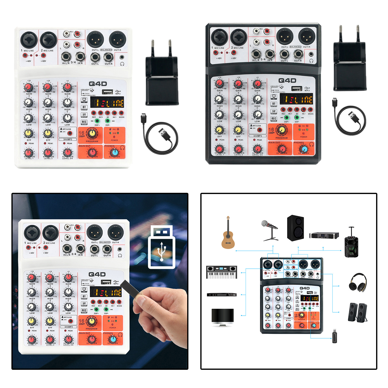 4 Channels Audio Sound Mixer Mixing USB 16DSP Effects MP3 Input White