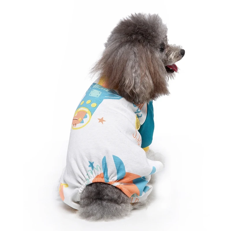 Un perro que lleva una camiseta colorida con un diseño divertido. El perro parece ser un caniche o una mezcla de caniche, caracterizado por su pelaje rizado. La camisa tiene un patrón con lo que parece un sol, estrellas y posiblemente un pez, lo que sugiere un tema náutico o veraniego.