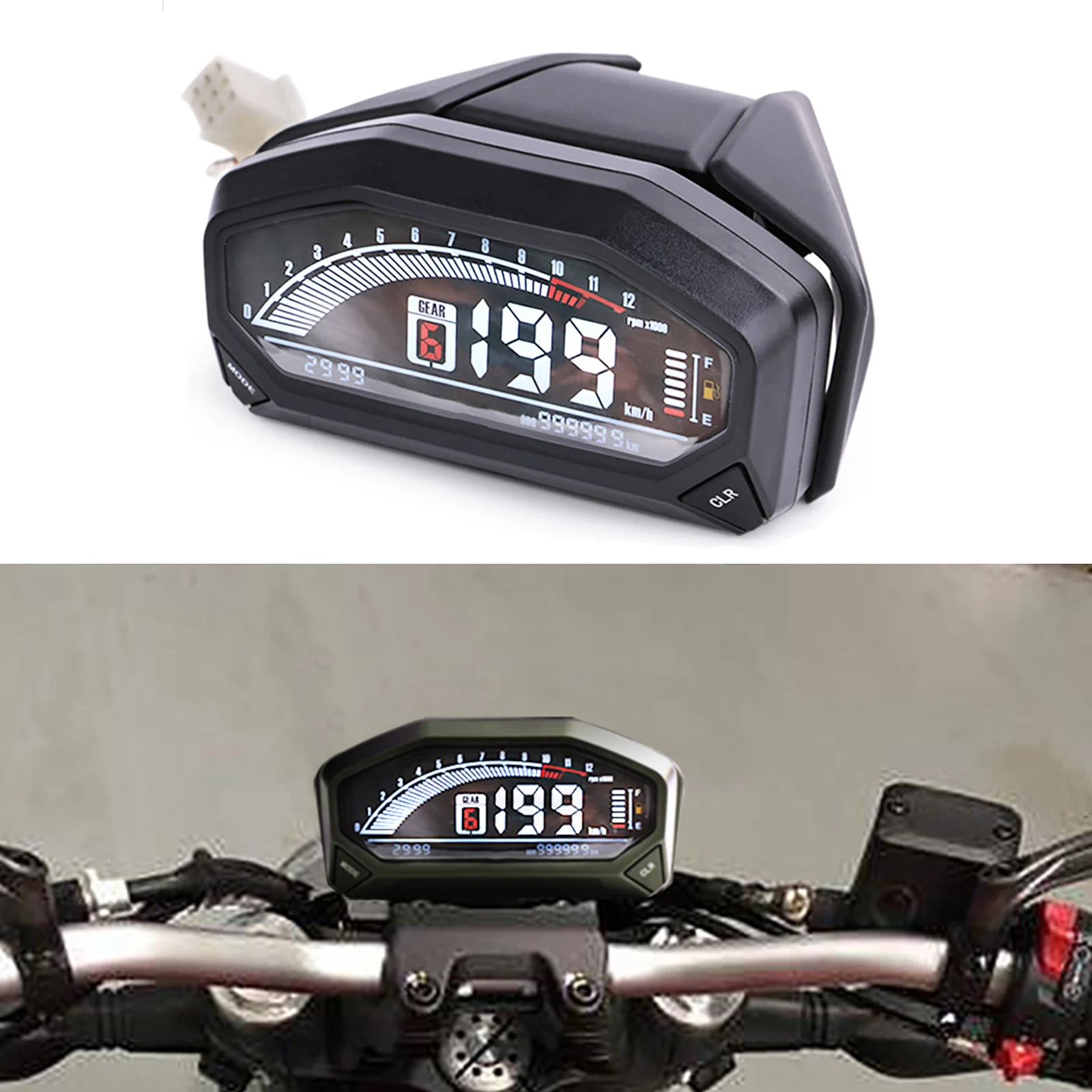 Universal LCD Digital Motorcycle Speedometer Tachometer 199km/h 1200 rpm 6 Gears Gauge w/Backlight for 1,2,4 Cylinders Meter