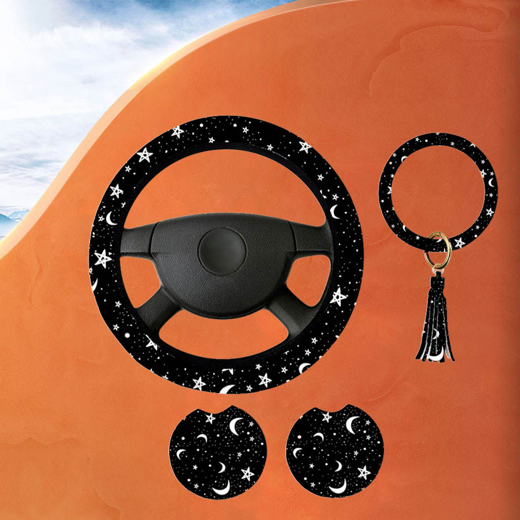 Steering Wheel Cover with 2 Coasters and Keyring Black Moons White Stars Print Anti-Slip Car Accessories Set for Truck