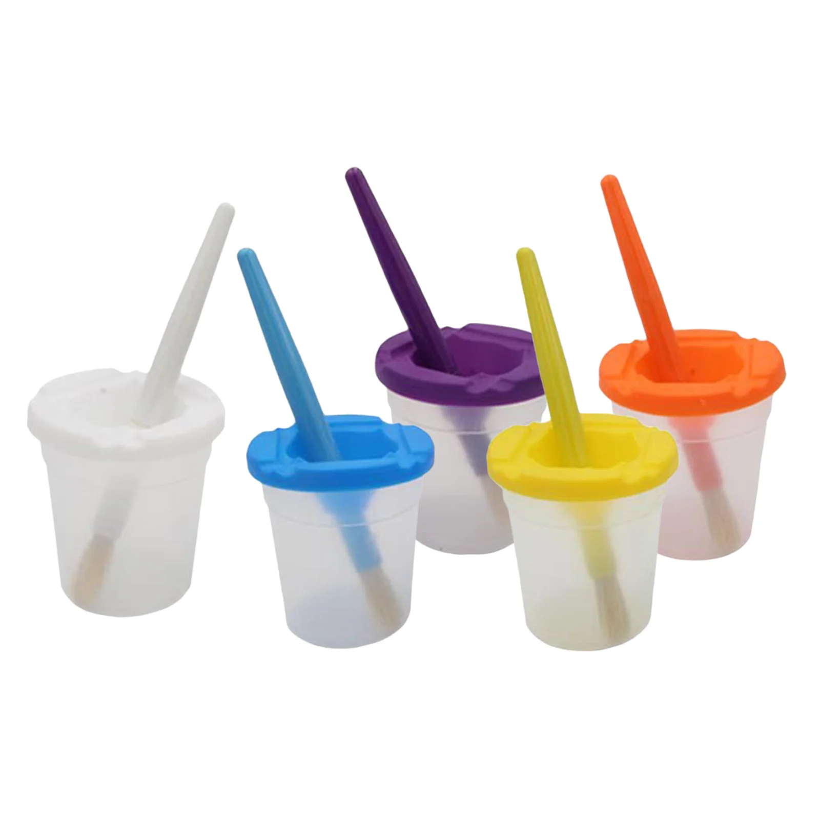 5pcs Spill Proof Paint Cups and 5pcs with Lids Round Paint Brushes for Kids Children`s Paintbrushes