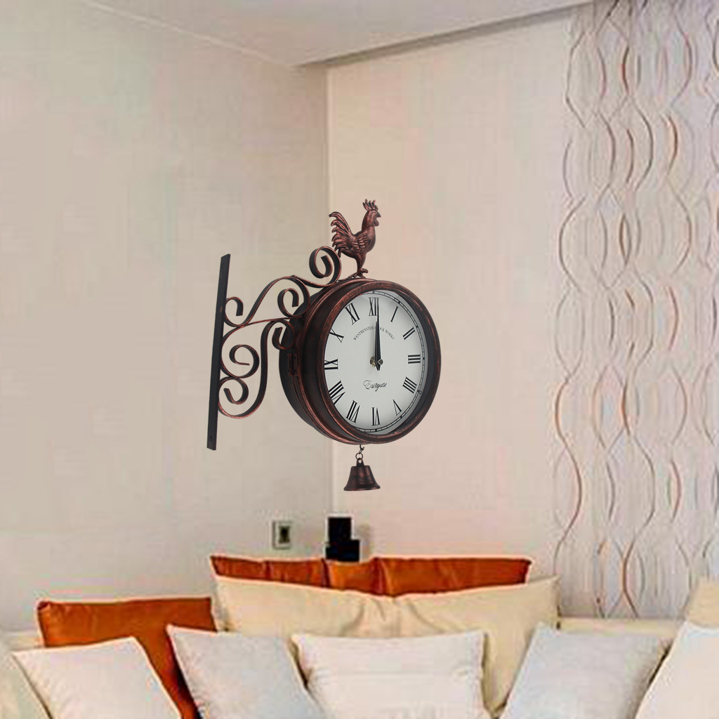 Metal Double Sided Wall Clock Decoration Indoor Outdoor Decorative Wall Hanging Station Clock Round 360° Rotation Clock