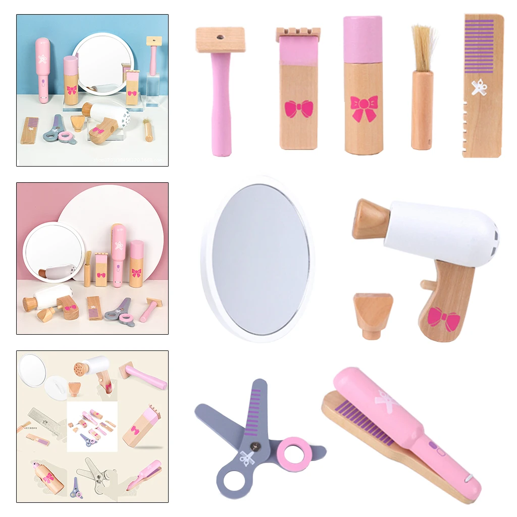 Wooden Beauty Salon Toys for Girls Makeup Playset Hair Cutter Set Gift