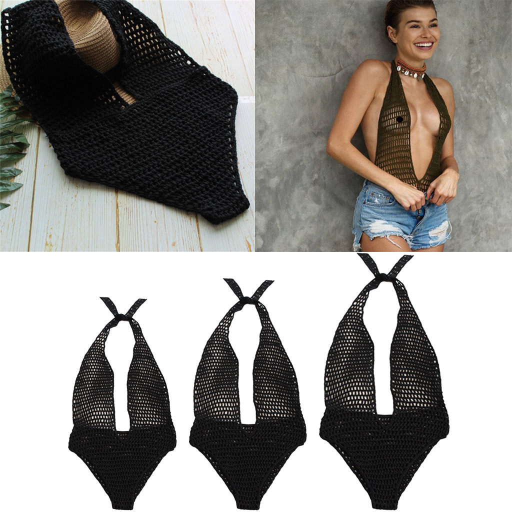 Women Black Crochet Knit Beach Bikini Monokini Halter Deep V-neck Swimwear