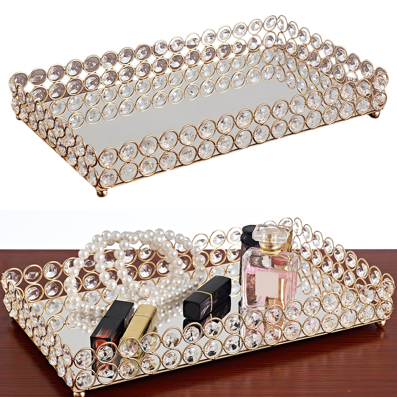 3 Size - Mirrored Tray Home Decor Crystal Vanity Makeup Perfume Jewelry Tray