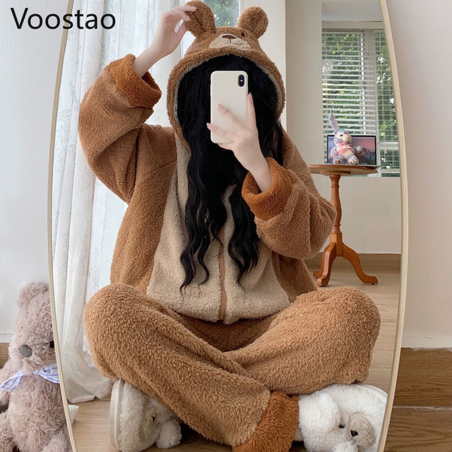 Women Bear Plush Hooded Pajama Set