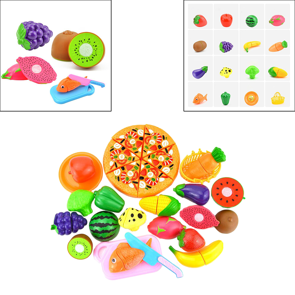 24 Piece Kids Pretend Role Play Kitchen Fruit Vegetable Food Toy Cutting Set Pizza, Strawberry, Mushroom, etc