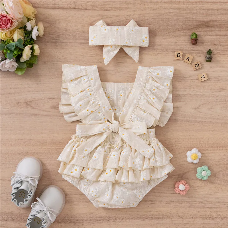 Summer Baby Girls 2pcs Outfits Sweet Ruffles Sleeveless Flower Print Rompers Jumpsuits Headband Infant Rompers Newborn Clothes baby bodysuit dress