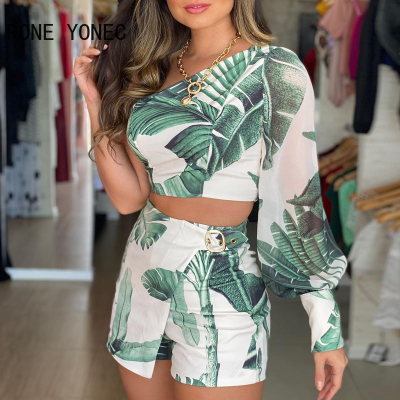 Conjunto feminino manga longa estampa tropical, saia e top, verão, férias