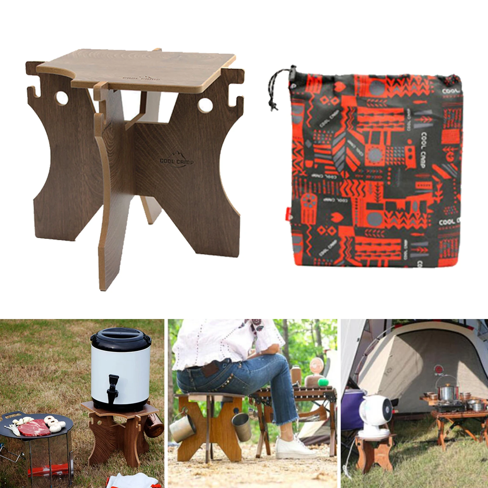 Foldable Camping Water Bucket Stand Wooden Beer Pail Holder Support Rack Frame Shelf Cup Hanger Hooks Folding Stool Chair